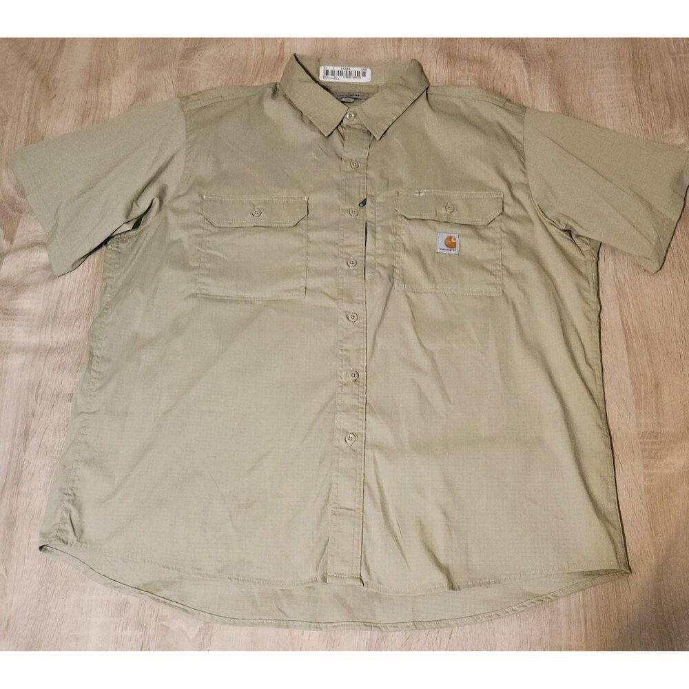 Carhartt Mens Size 2xl Khaki Ripstop Button Up Shirt Short Sleeve Vented Work #